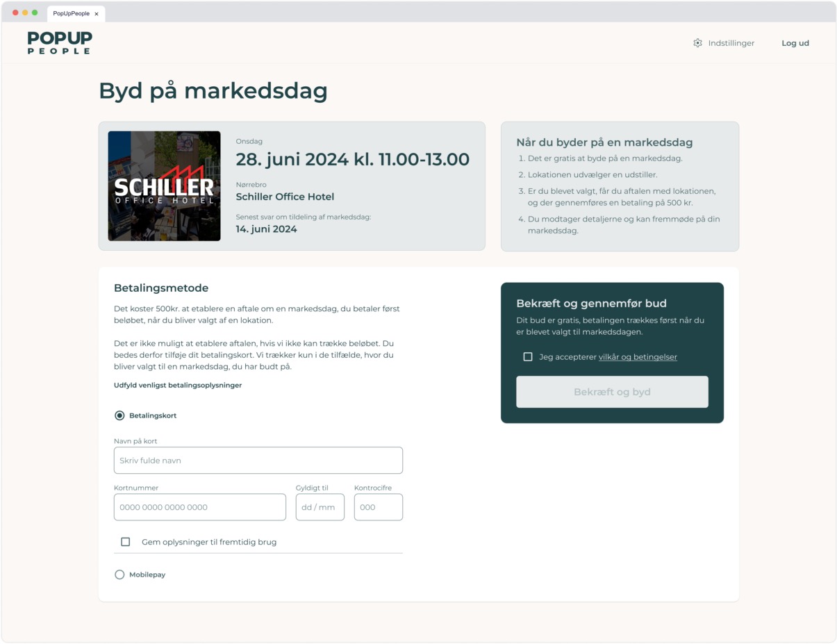 Bidding page presenting market-day details and payment method form with credit-card fields, plus terms acceptance and a "Bekræft og byd" call-to-action.